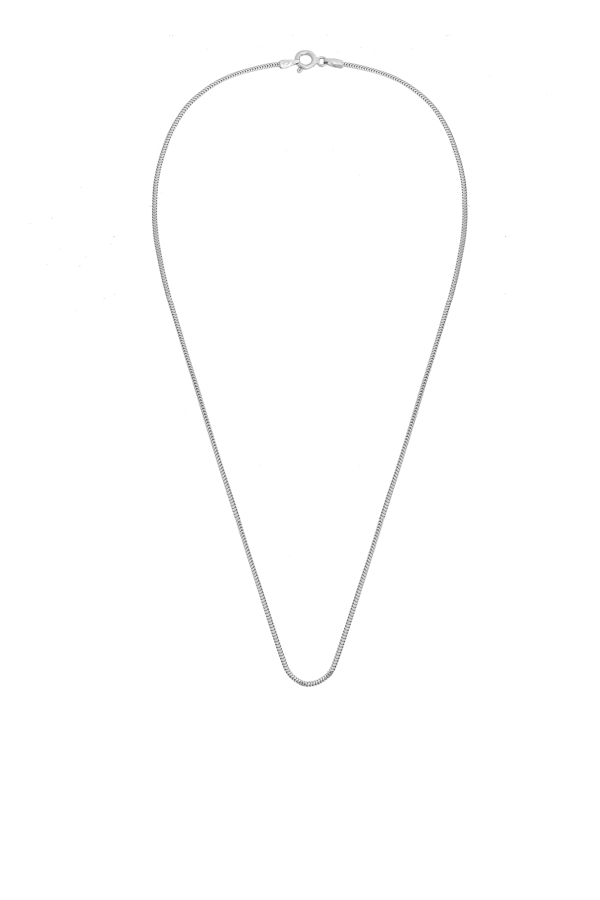Srebrny łańcuszek OGON WĘŻA ze srebra próby 925, o gładkim, płynnym splocie typu snake chain, sfotografowany na białym tle z widocznym zapięciem federing.